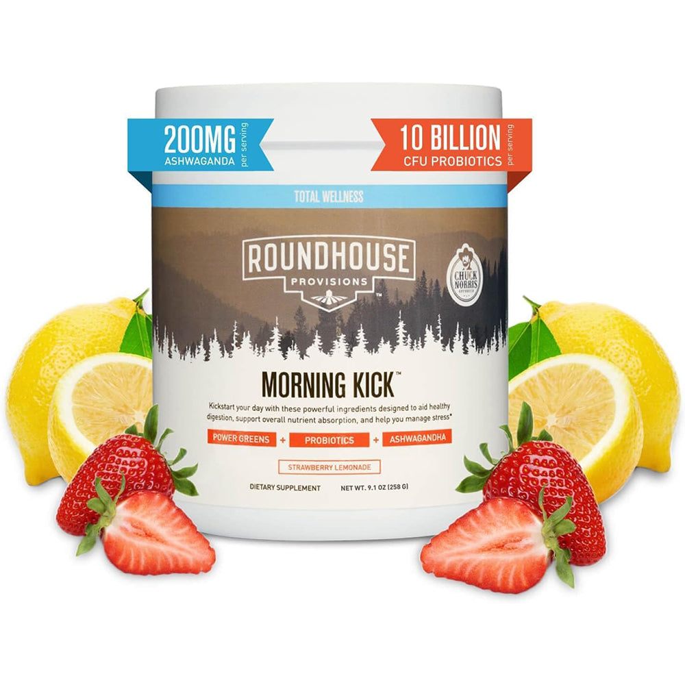 Morning Kick by Chuck Norris – Greens superfood powder, 30 servings (Strawberry Lemonade). With Ashwagandha, Collagen & Probiotics to support energy & wellness