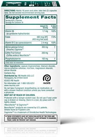 Neuriva Ultra Decaf – 60 caps, nootropic for memory, focus & alertness. With Neurofactor, Cognivive, PS, B6 & B12