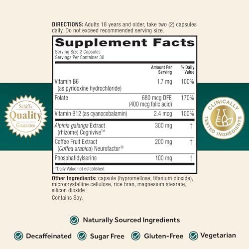 Neuriva Ultra Decaf – 60 caps, nootropic for memory, focus & alertness. With Neurofactor, Cognivive, PS, B6 & B12