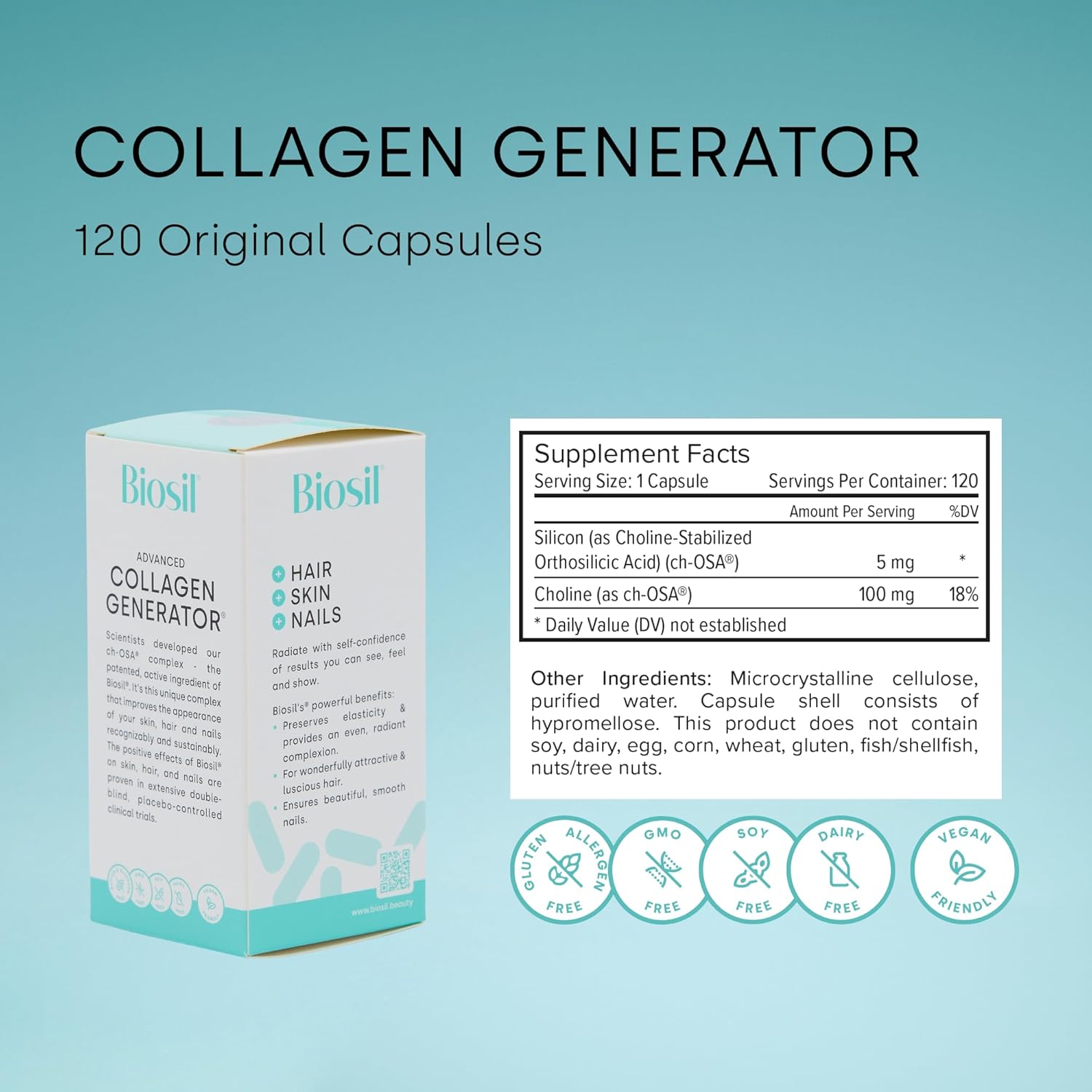 Biosil Collagen Generator – 60 caps, 30-day supply. Patented ch-OSA complex to support & protect natural collagen. Non-GMO