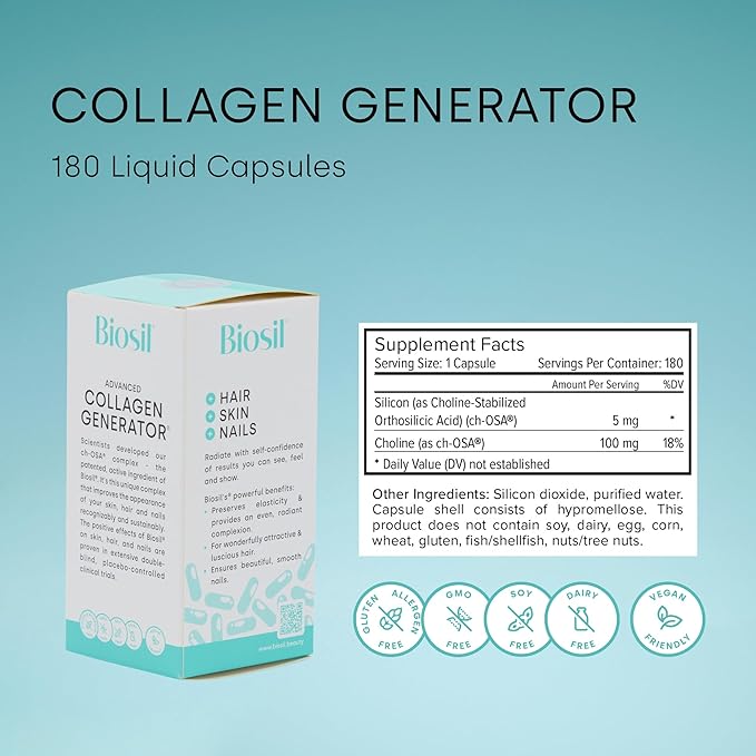 Biosil Collagen Generator – 180 liquid caps, 90-day supply. Patented ch-OSA complex to boost & protect natural collagen. Non-GMO