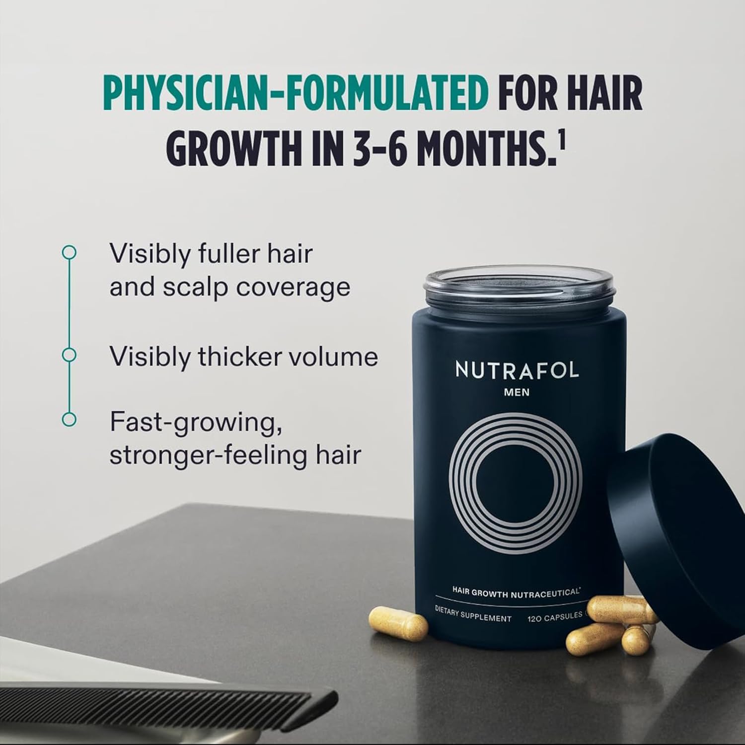 Nutrafol Men Hair Growth – 120 caps (1-month supply). Supports thicker, stronger hair with 4 capsules daily. Clinically proven formula