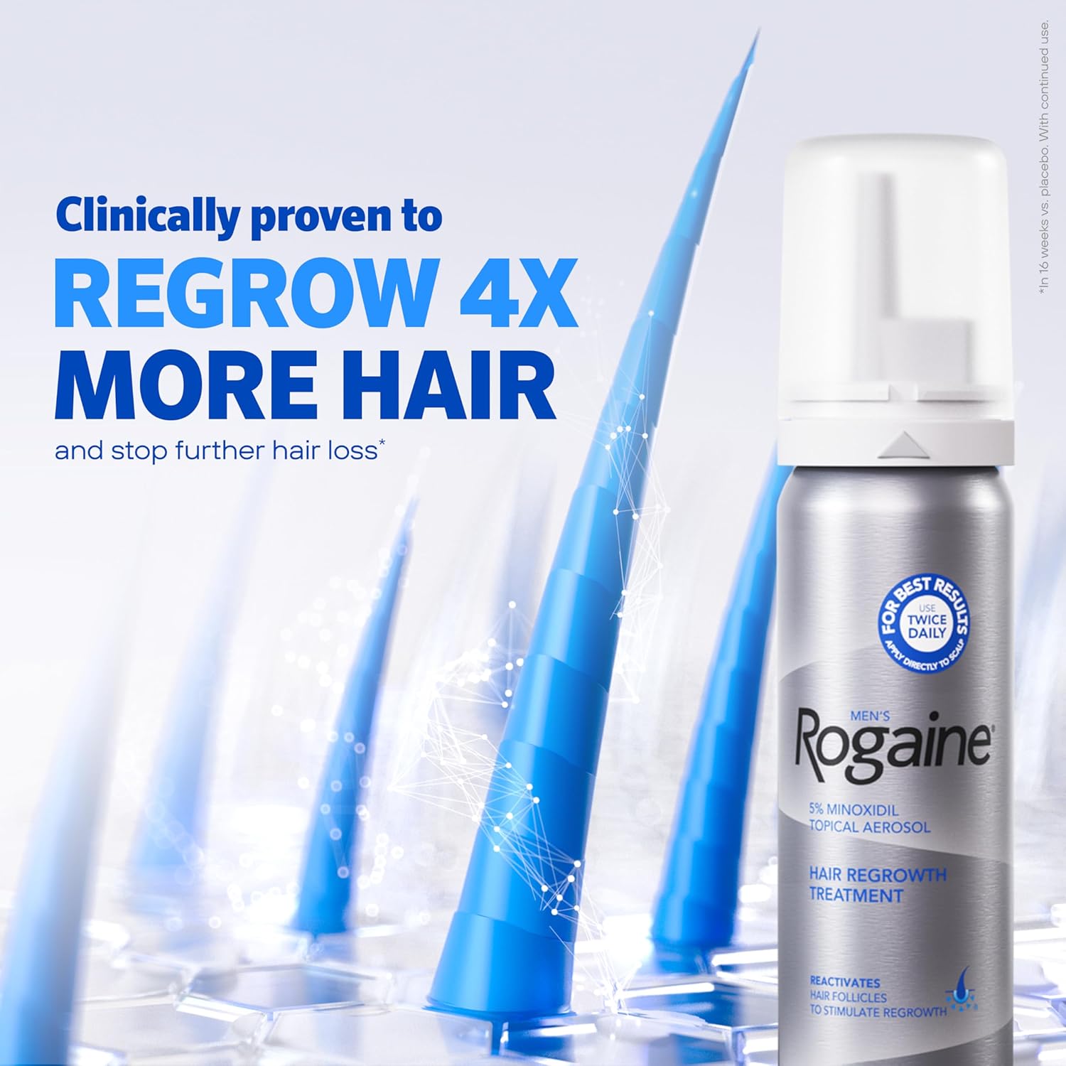Men's Rogaine 5% Minoxidil Foam – 3 x 2.11 oz, 3-month supply. Unscented topical for hair regrowth, promotes fuller, thicker hair. Clinically proven