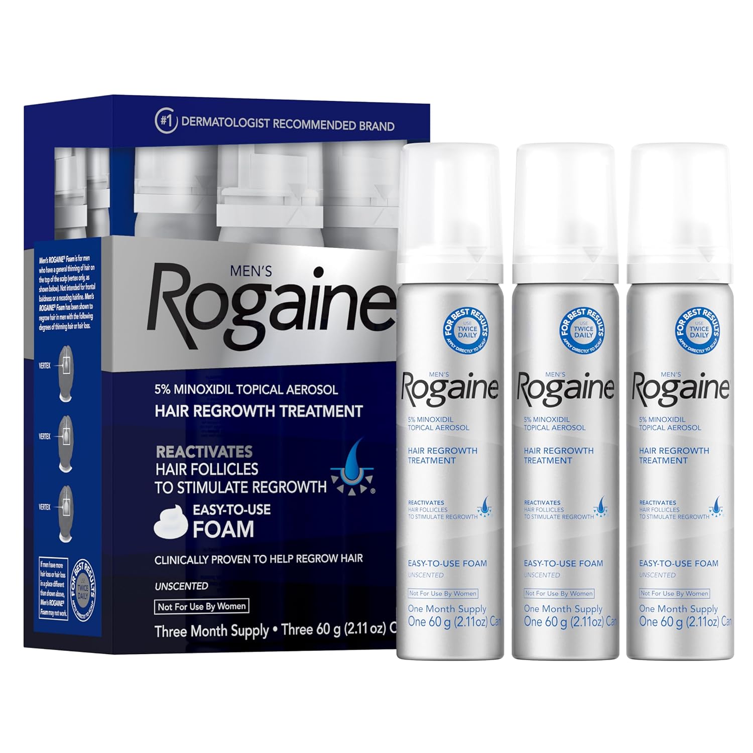 Men's Rogaine 5% Minoxidil Foam – 3 x 2.11 oz, 3-month supply. Unscented topical for hair regrowth, promotes fuller, thicker hair. Clinically proven