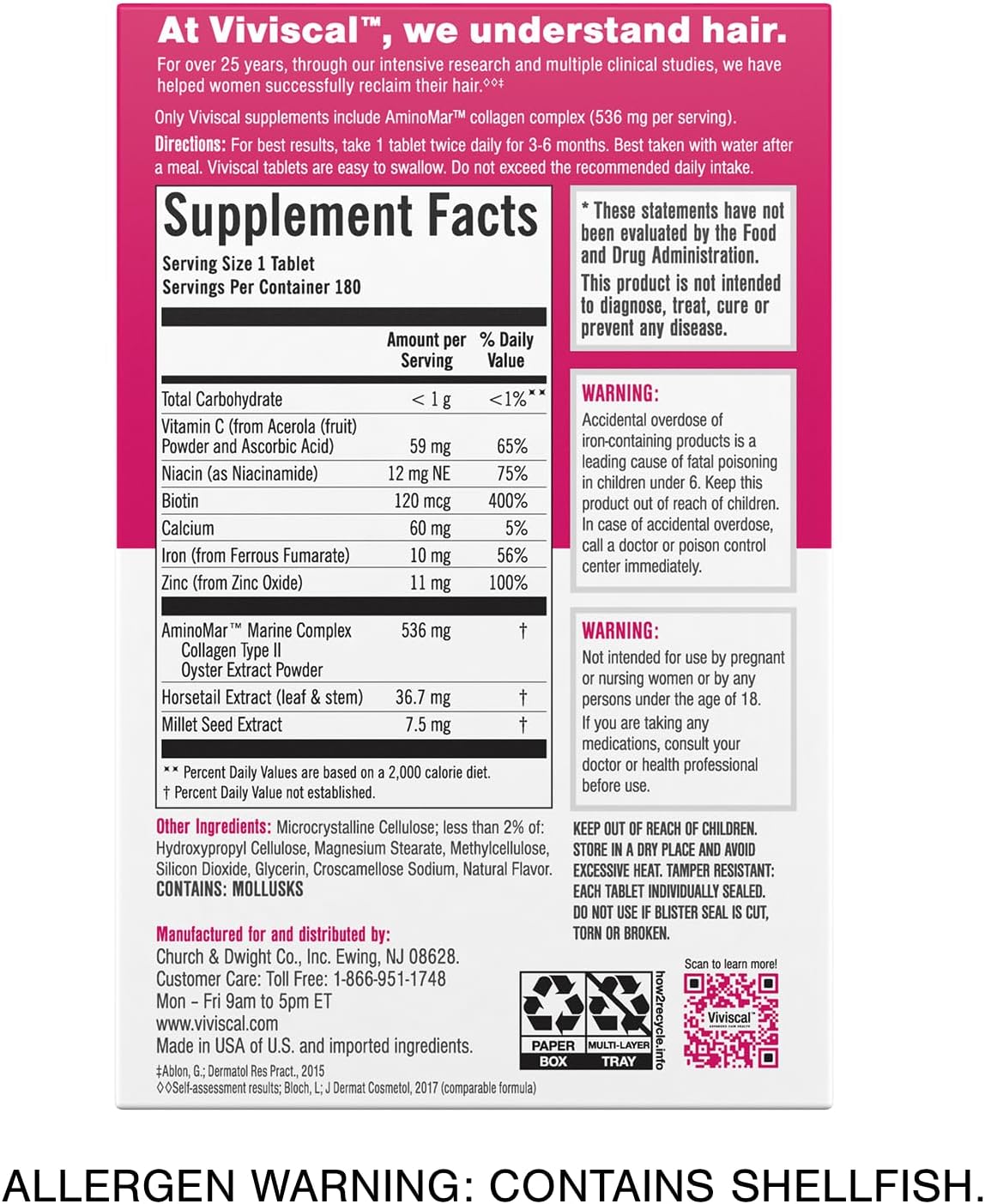 Viviscal Hair Growth for Women – 180 tablets, 3-month supply. Clinically proven with collagen complex for thicker, fuller hair & hair loss nourishment